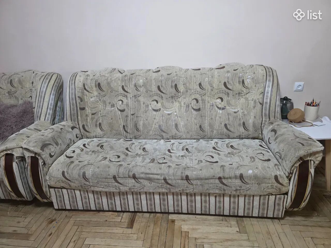 Բազմոց և երկու բազկաթոռ, ուղղանկյուն, բեժ, տեքստիլ, 2 տեղ, 170 x 55 սմ