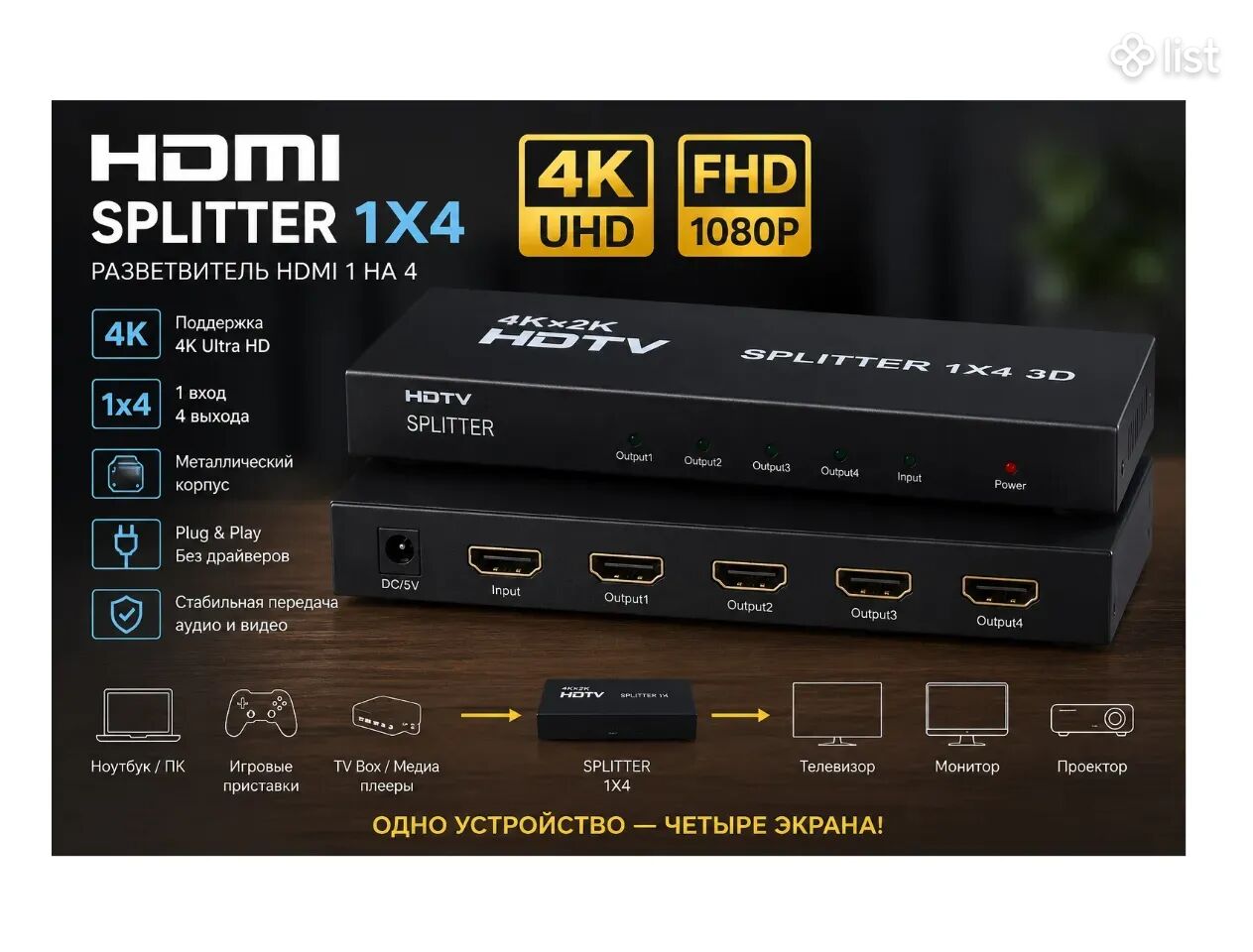HDMI Սպլիտեր 1-ից 4 / HDMI Splitter 1x4 / HDMI Разветвитель 1 на 4 (4K, Metal Case)