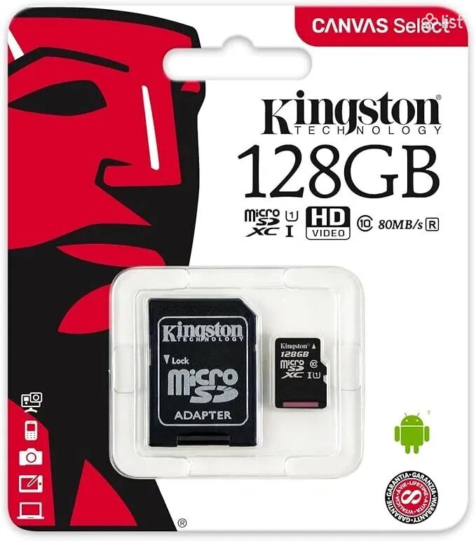 Kingston Micro SD 128GB SDXC հիշողության քարտ բջջային հեռախոսի համար, Class 10 + SD ադապտեր